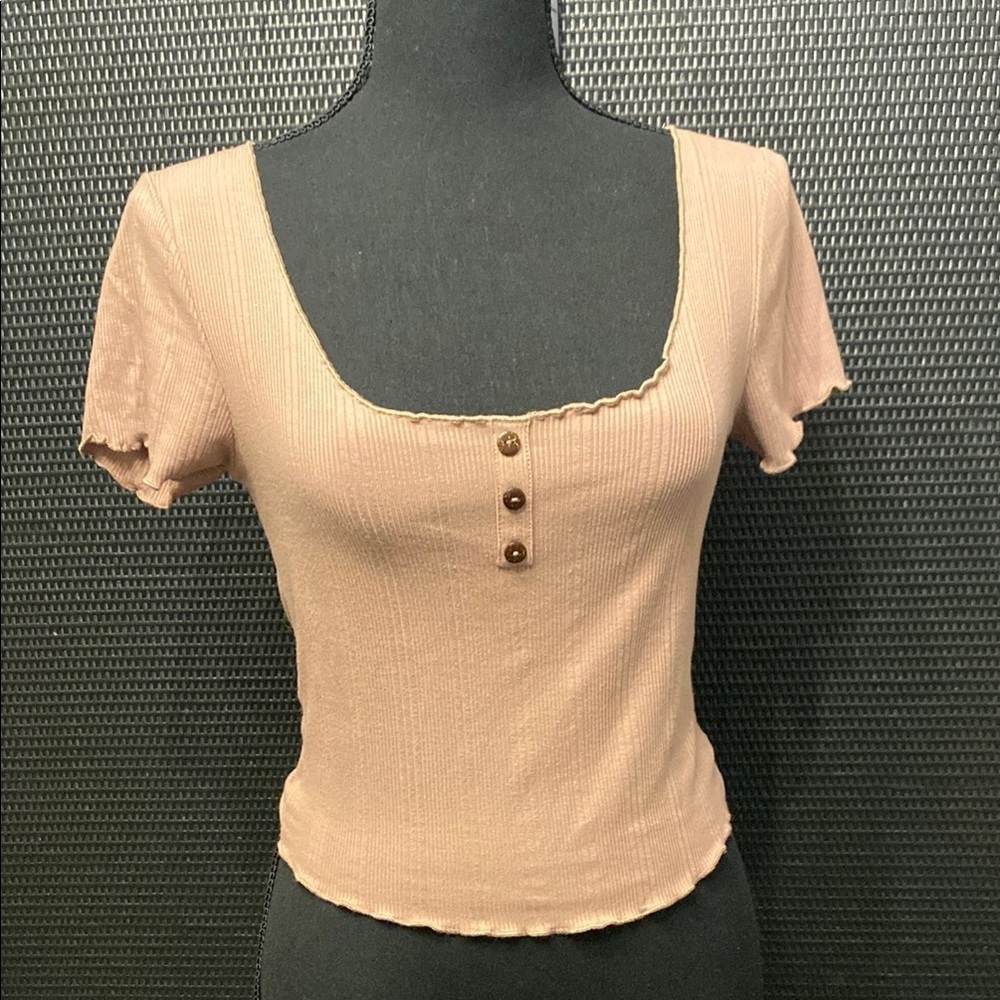Bozzolo Ribbed Crop Top | Fitted Square Neck Button Front | Tan Neutral | Size M